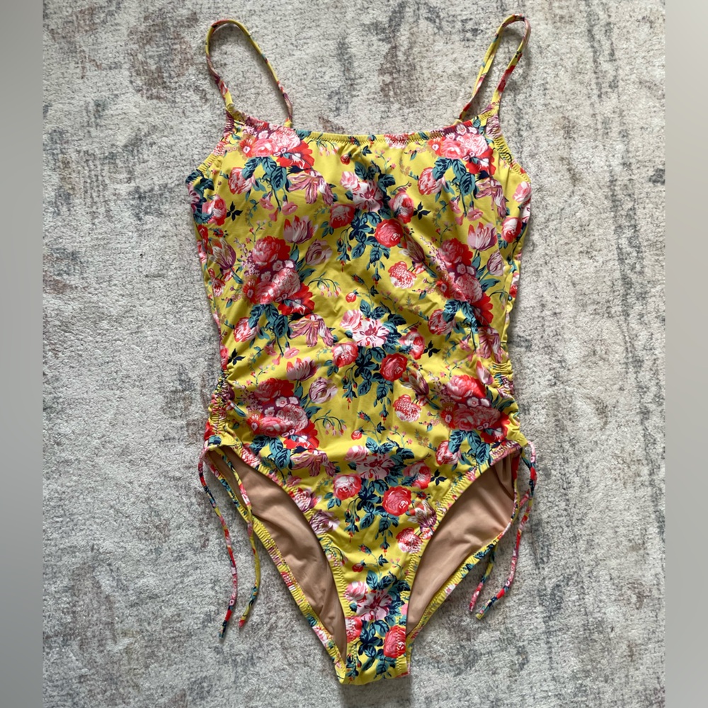J. Crew Yellow Floral One-Piece Swimsuit with Pink & Green Accents